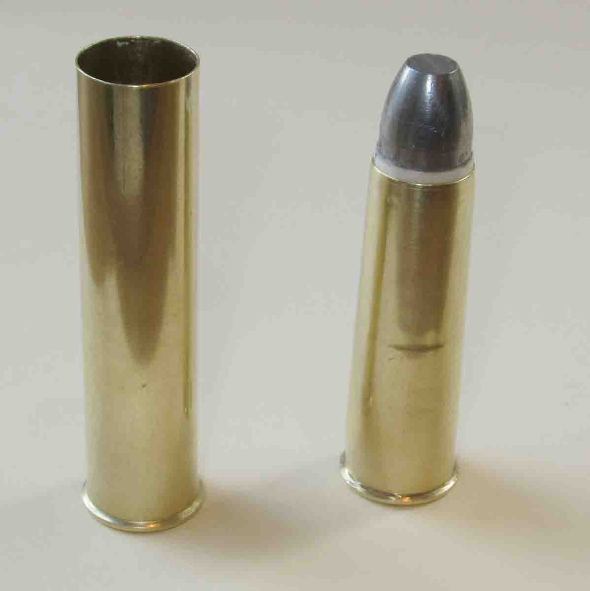 The 32-gauge parent brass fireformed case for paper-patched bullet is 1.820 inches long, with mouth inner diameter of .470 inch.